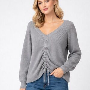 PrettyGarden Gray V Neck Ruched Women’s Sweater L Relaxed  Knit Pullover